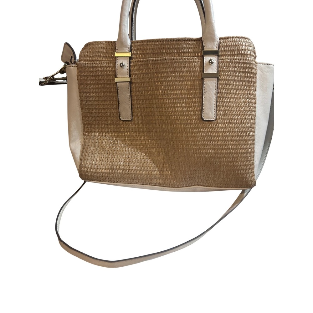 Liz Claiborne Straw Satchel Handbag Womens Medium Tan Cream Excellent Woven Boho - Picture 6 of 12